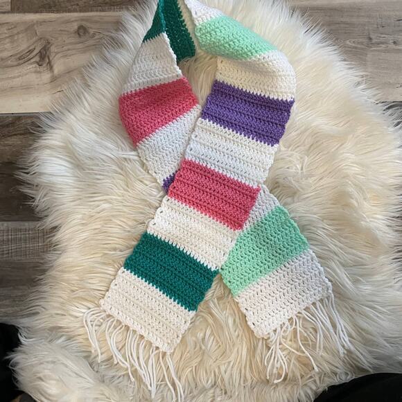 Hand Knit Crochet Rectangle Scarf Purple Pink Green White Fringe - Picture 2 of 2